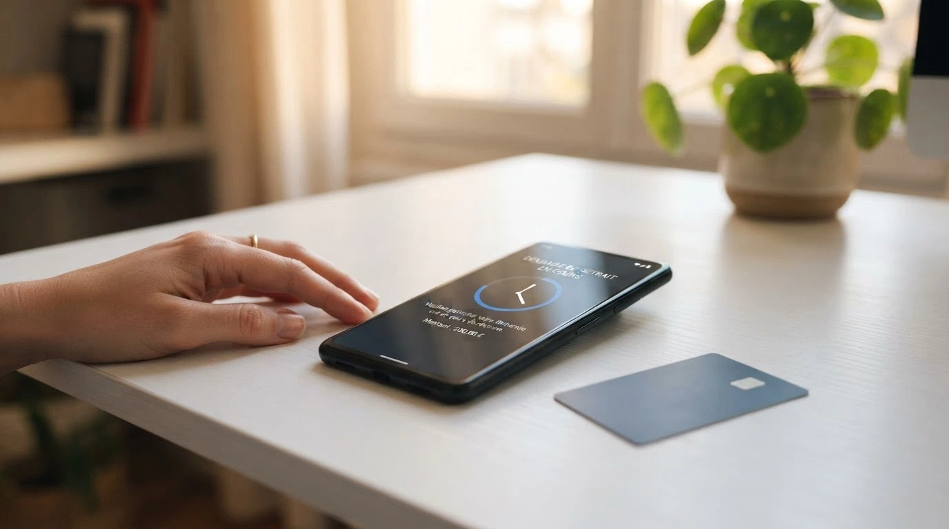 Main tendant une carte bancaire devant un écran affichant une transaction en attente et une horloge