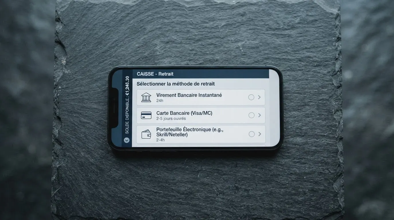 Smartphone affichant une interface de retrait avec plusieurs options de paiement et des délais estimés