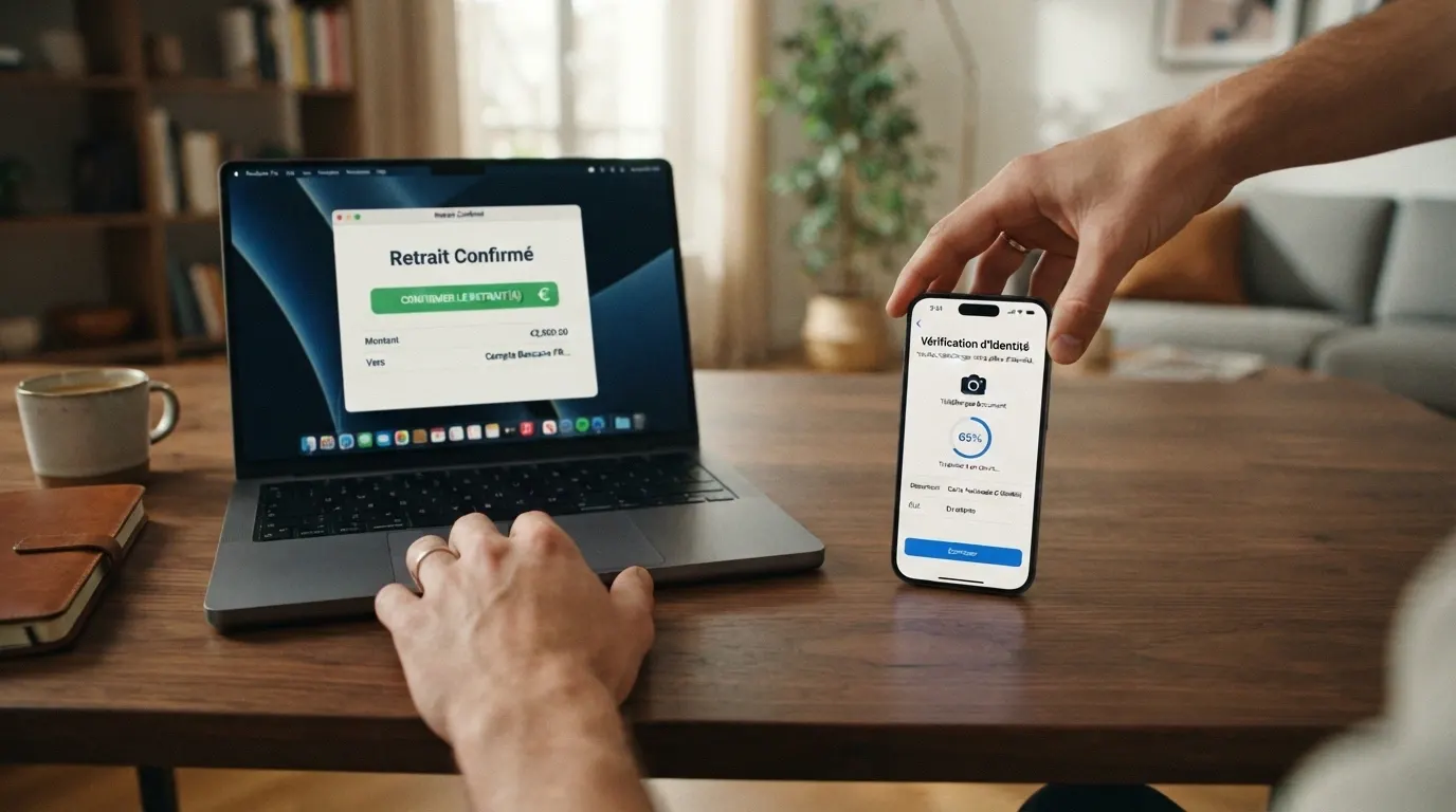 Smartphone affichant un formulaire de vérification d'identité (KYC) à côté d'une interface de retrait de casino