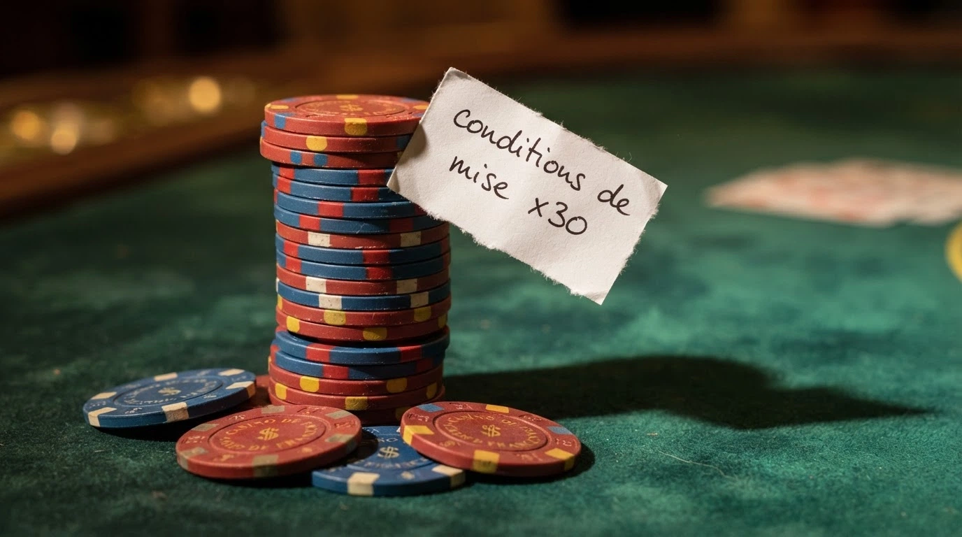 Une pile de jetons de casino partiellement recouverte par un coupon marqué « conditions de mise x30 », sur un fond de table de jeu sombre