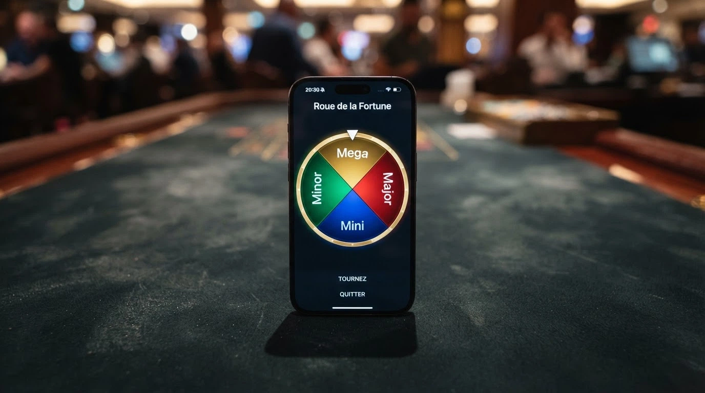 La roue de la fortune du jackpot progressif Mega Moolah segmentée en quatre niveaux : Mini, Minor, Major et Mega