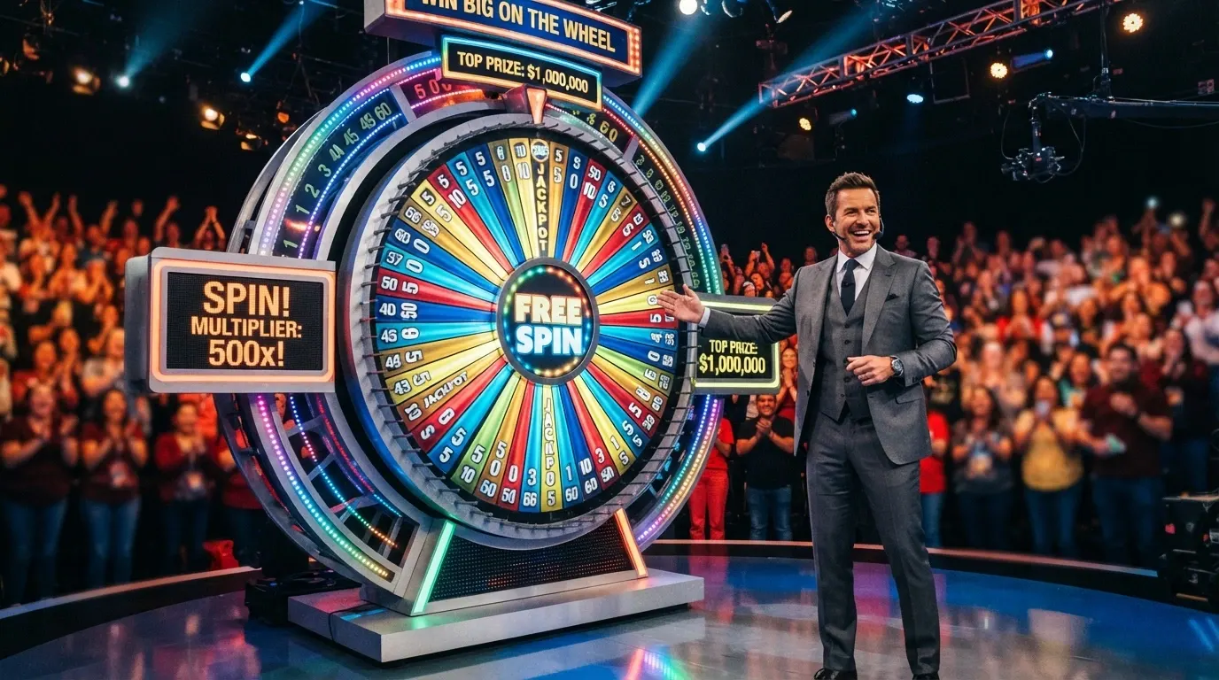 Plateau de jeu télévisé style Crazy Time avec une grande roue colorée, un présentateur et des multiplicateurs affichés
