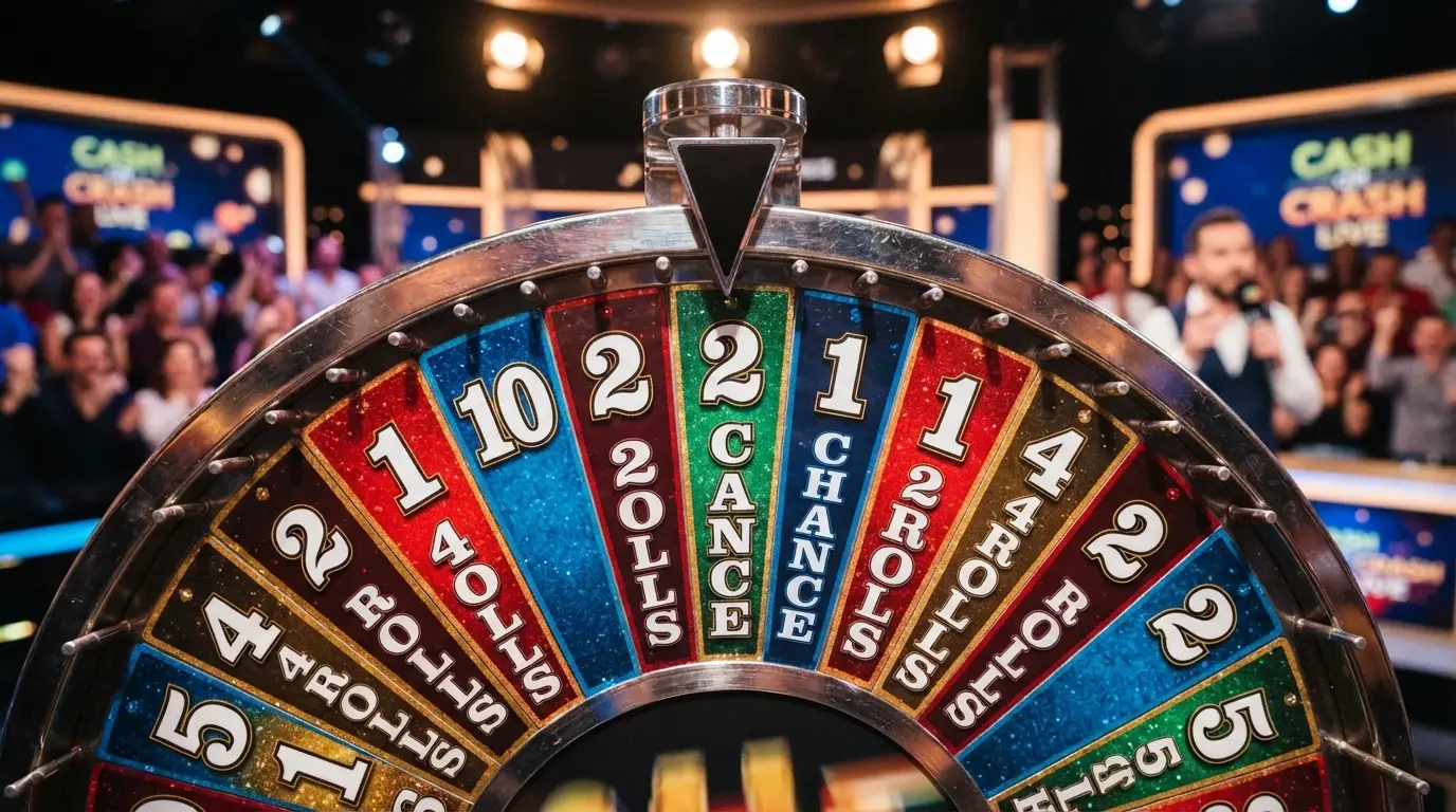 Gros plan sur les segments de la roue Monopoly Live : les cases numérotées 1, 2, 5 et 10 côtoient les segments bonus 2 Rolls, 4 Rolls et Chance