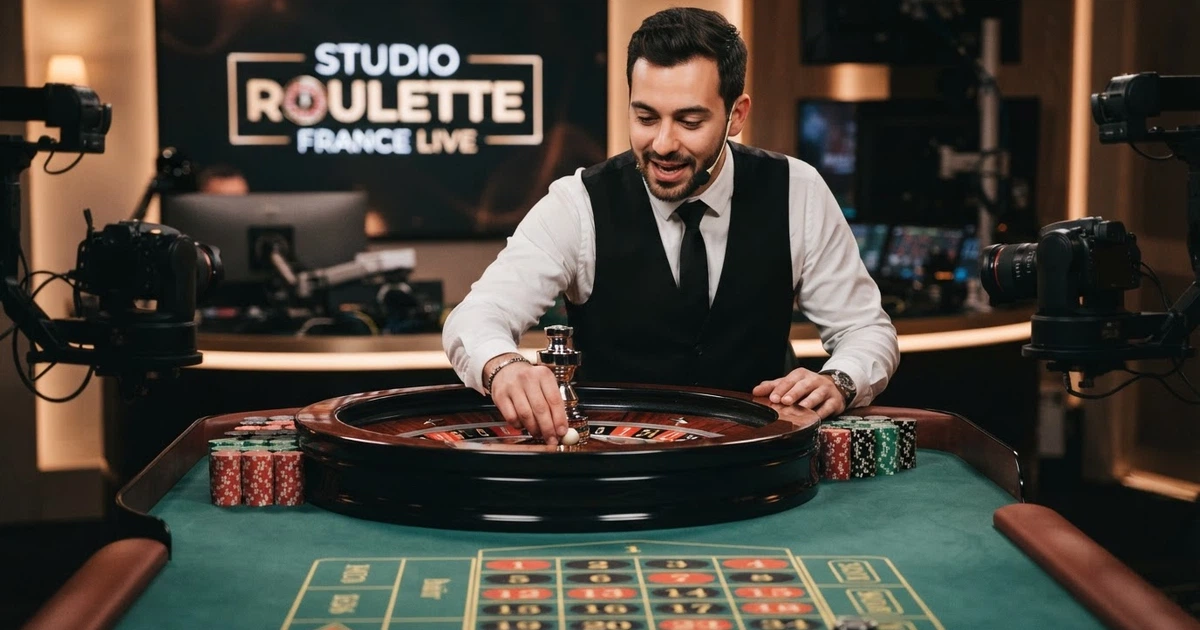 Un croupier francophone en tenue de casino actionne le cylindre d'une roulette européenne devant un écran de streaming professionnel