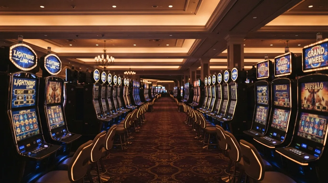 Salle de machines à sous du Casino Barrière d'Enghien-les-Bains avec ses rangées de postes de jeu électroniques