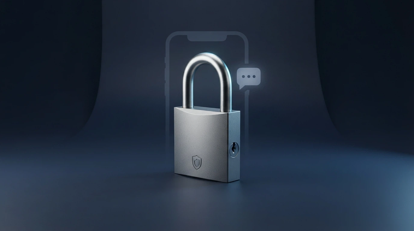 Un cadenas numérique superposé à l'icône d'un SMS et au logo d'un opérateur télécom, sur fond sombre