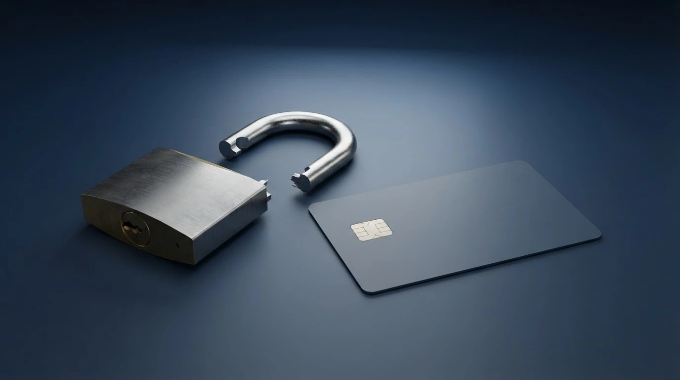 Un cadenas brisé superposé à une carte bancaire, symbolisant la vulnérabilité d'une transaction sans authentification forte