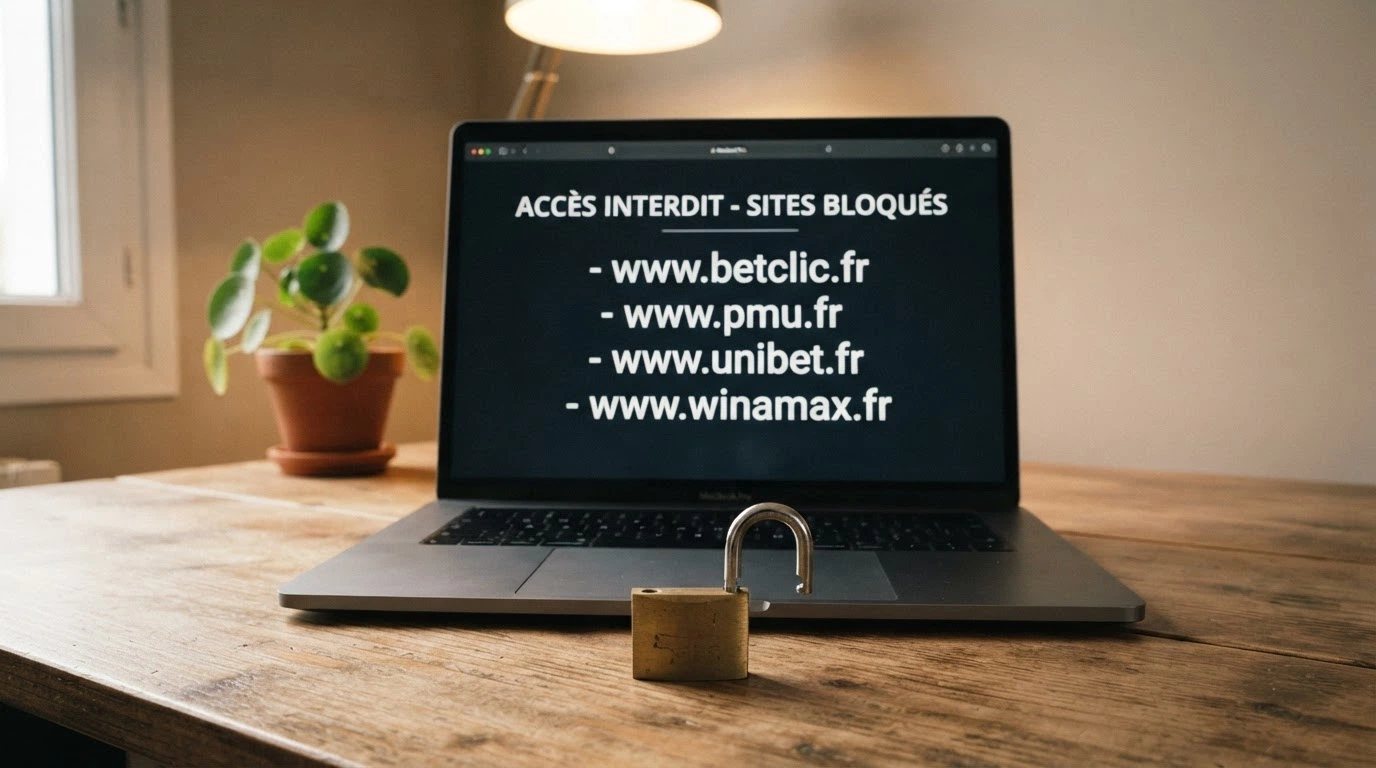 Un écran affiche la page d'accueil de l'ANJ (anj.fr) en arrière-plan avec une liste de sites bloqués, un cadenas brisé au premier plan