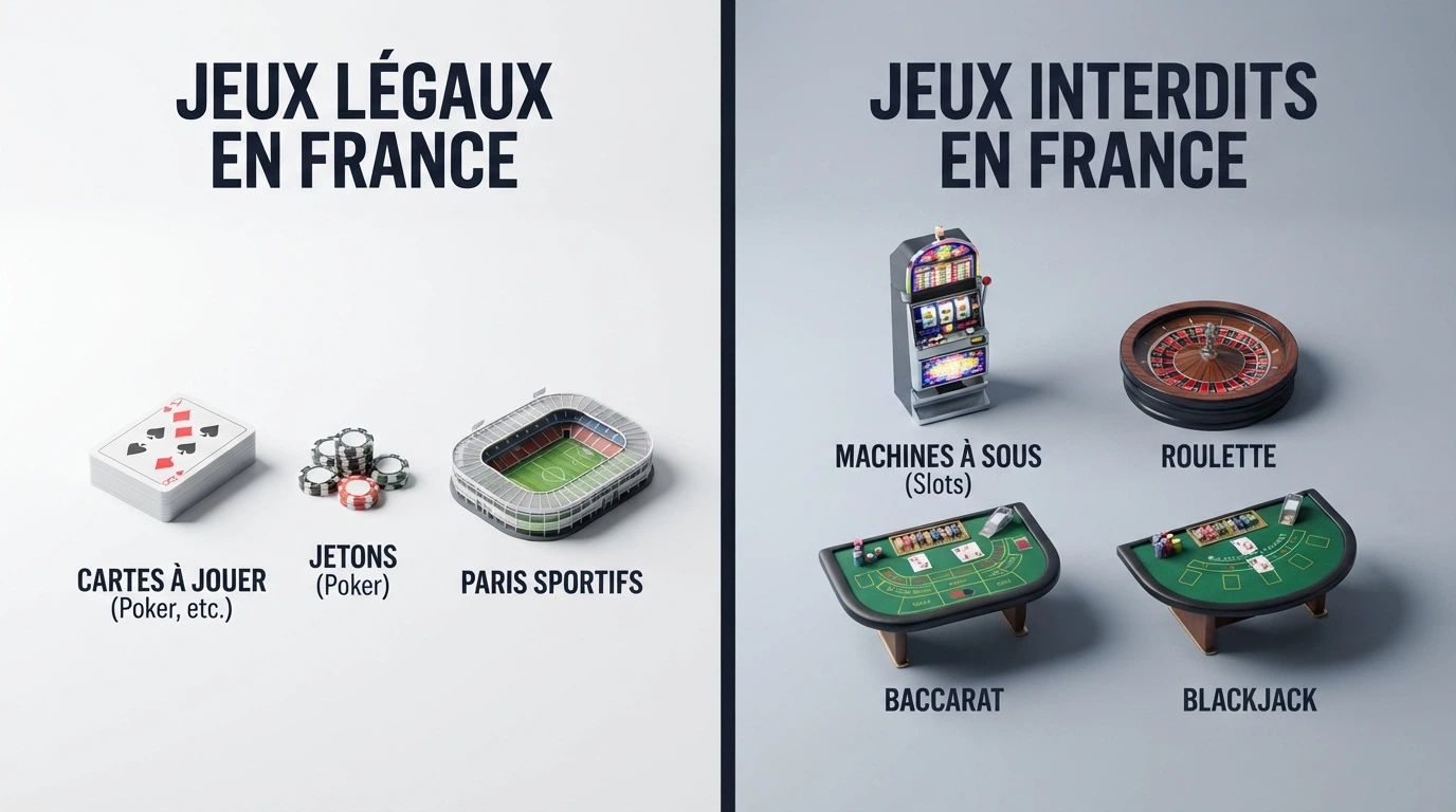 Schéma comparatif montrant les jeux autorisés et interdits en France avec le logo de l'ANJ