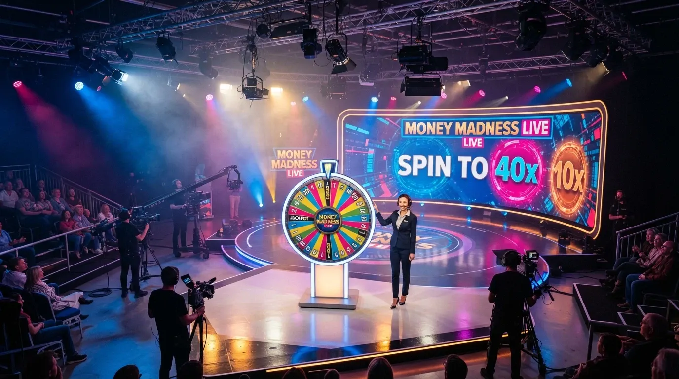 Une vue grand angle d'un studio de live casino Evolution Gaming avec la roue Crazy Time, un croupier et l'écran des multiplicateurs