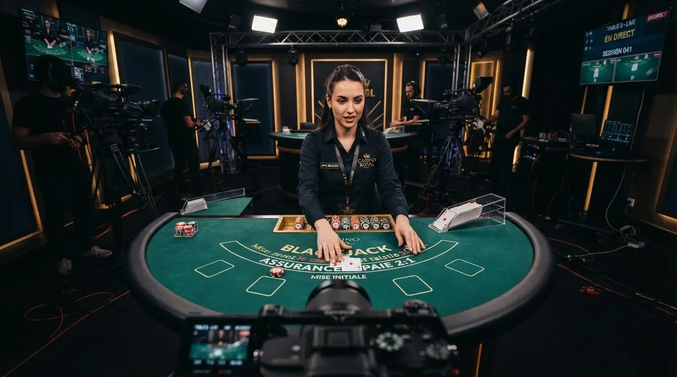 Table de blackjack filmée en plan large dans un studio Playtech, avec un croupier distribuant les cartes et l'interface de jeu visible à l'écran