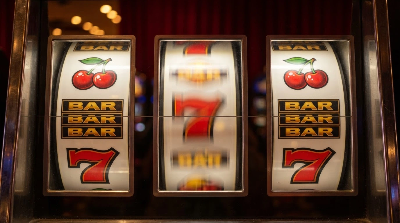 Gros plan sur les rouleaux d'une machine à sous classique affichant cerises, BAR et 7