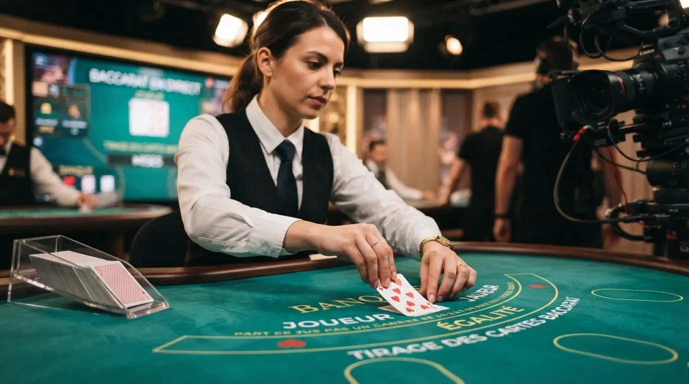 Un croupier de baccarat live vu à travers l'écran, cartes face visible sur le tapis vert