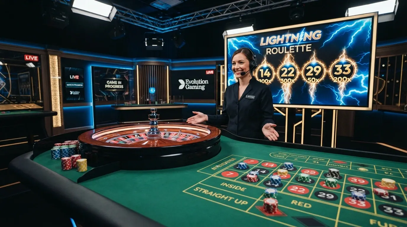 La table Lightning Roulette avec ses numéros frappés par la foudre et ses multiplicateurs dorés affichés à l'écran