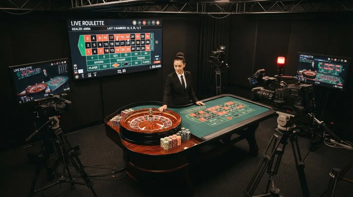 Vue d'un studio Evolution Gaming avec table de Lightning Roulette en streaming HD et interface de jeu