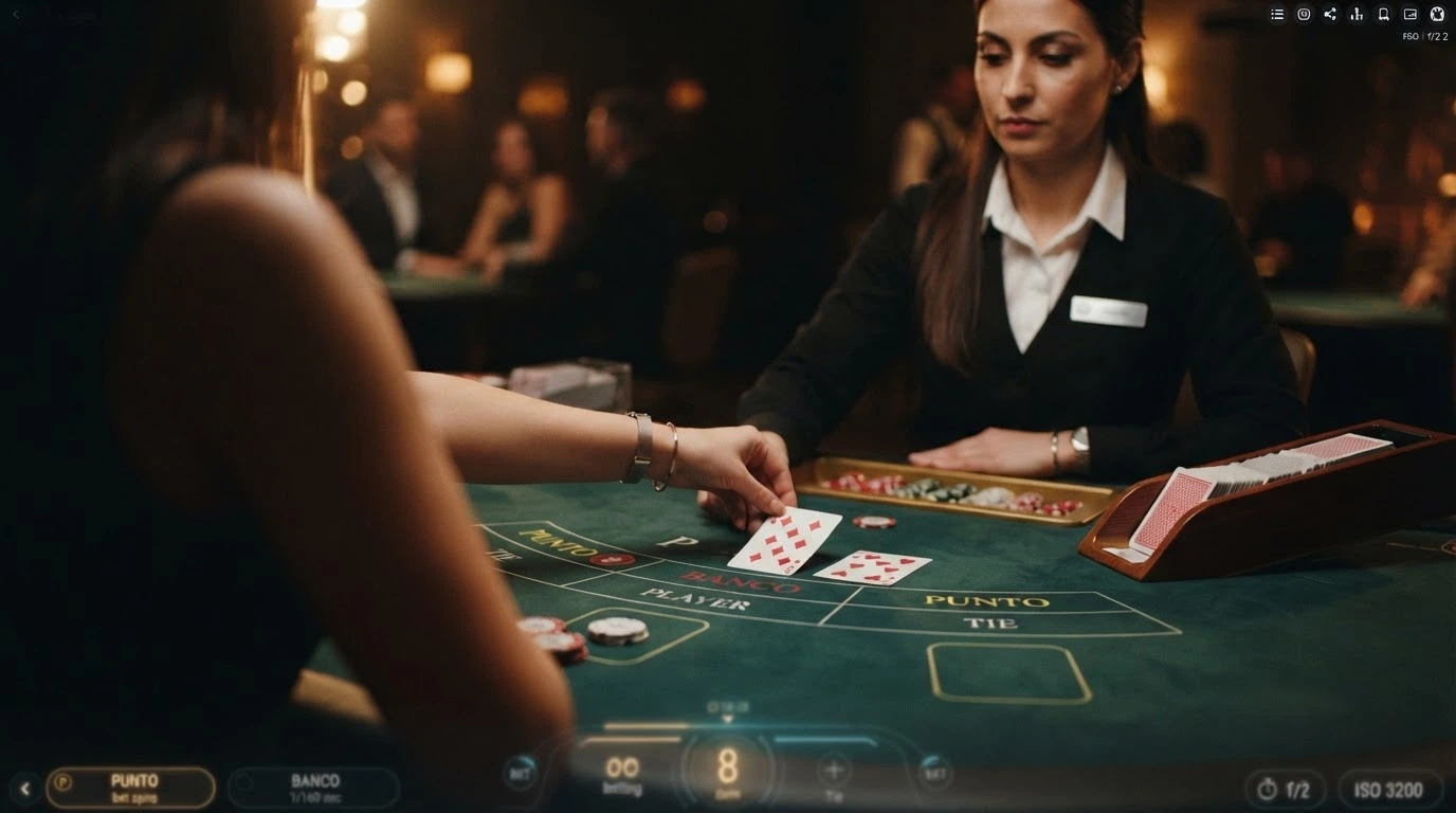 Un croupier de casino en direct filmé en gros plan, une carte retournée sur la table de punto banco, le sabot visible dans le cadre