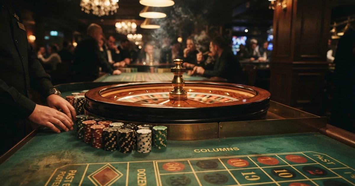 Une roulette de casino et des jetons empilés sur un tapis vert, avec un pourcentage affiché en surimpression