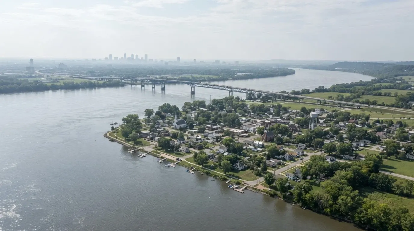 Vue aérienne du territoire mohawk de Kahnawake, sur la rive sud du fleuve Saint-Laurent face à Montréal, avec le pont Honoré-Mercier en arrière-plan