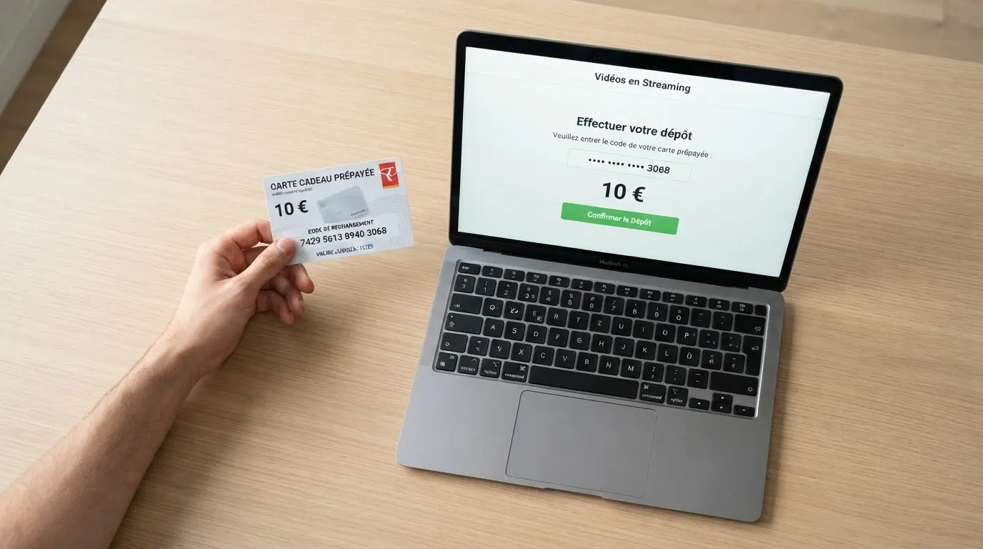 Une main insère un ticket Neosurf devant un écran affichant une interface de dépôt de casino en ligne, avec le montant de 10 € visible
