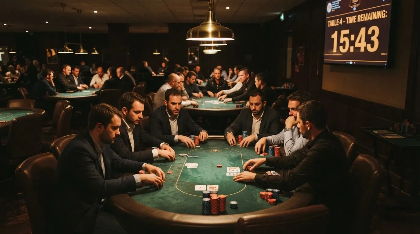 Une salle de casino française avec des tables de poker occupées, des jetons empilés et un écran affichant le compte à rebours des blindes