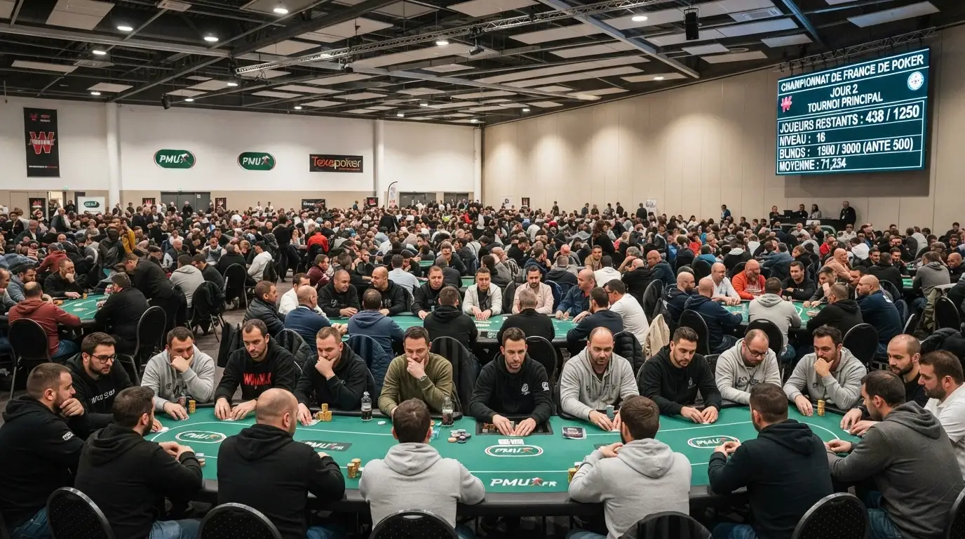 Une salle de tournoi de poker bondée : des dizaines de tables couvertes de tapis vert, des joueurs concentrés, un écran géant affichant le compteur de joueurs restants.