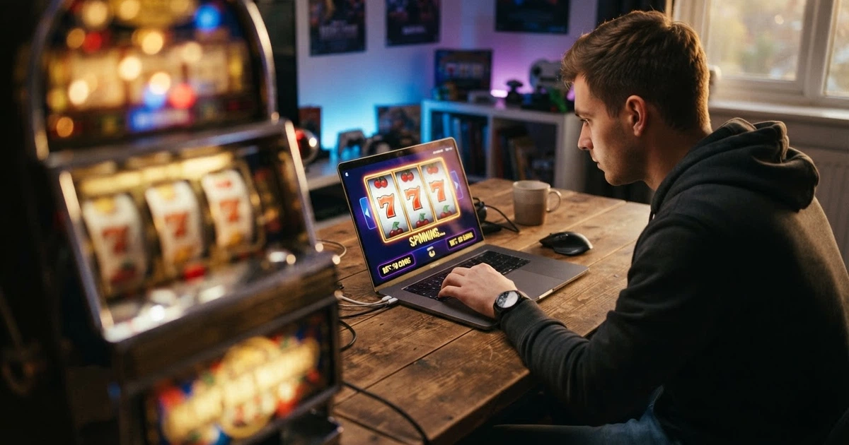 Un joueur consultant une offre de tours gratuits sur l'écran d'un casino en ligne, les mains posées sur un clavier, une machine à sous colorée visible en arrière-plan