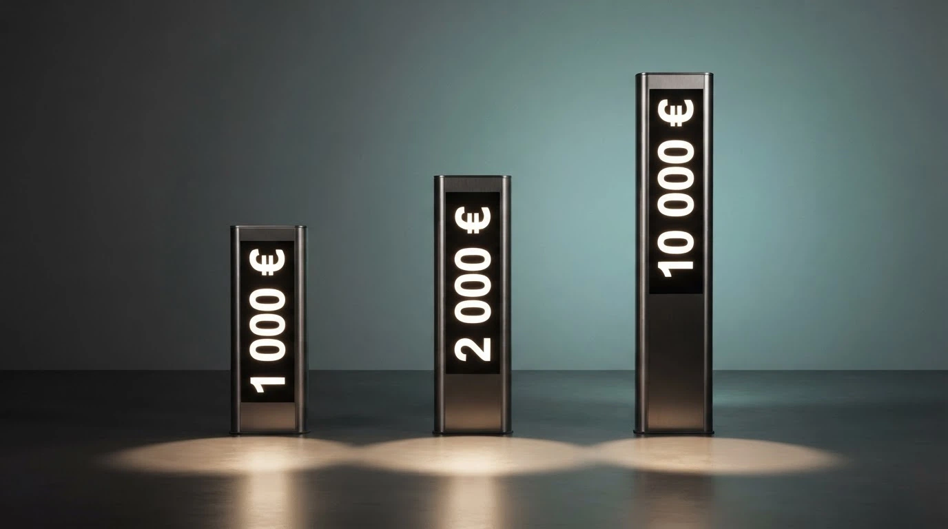 Trois bornes indicatrices alignées affichant 1 000 €, 2 000 € et 10 000 €, de hauteur croissante