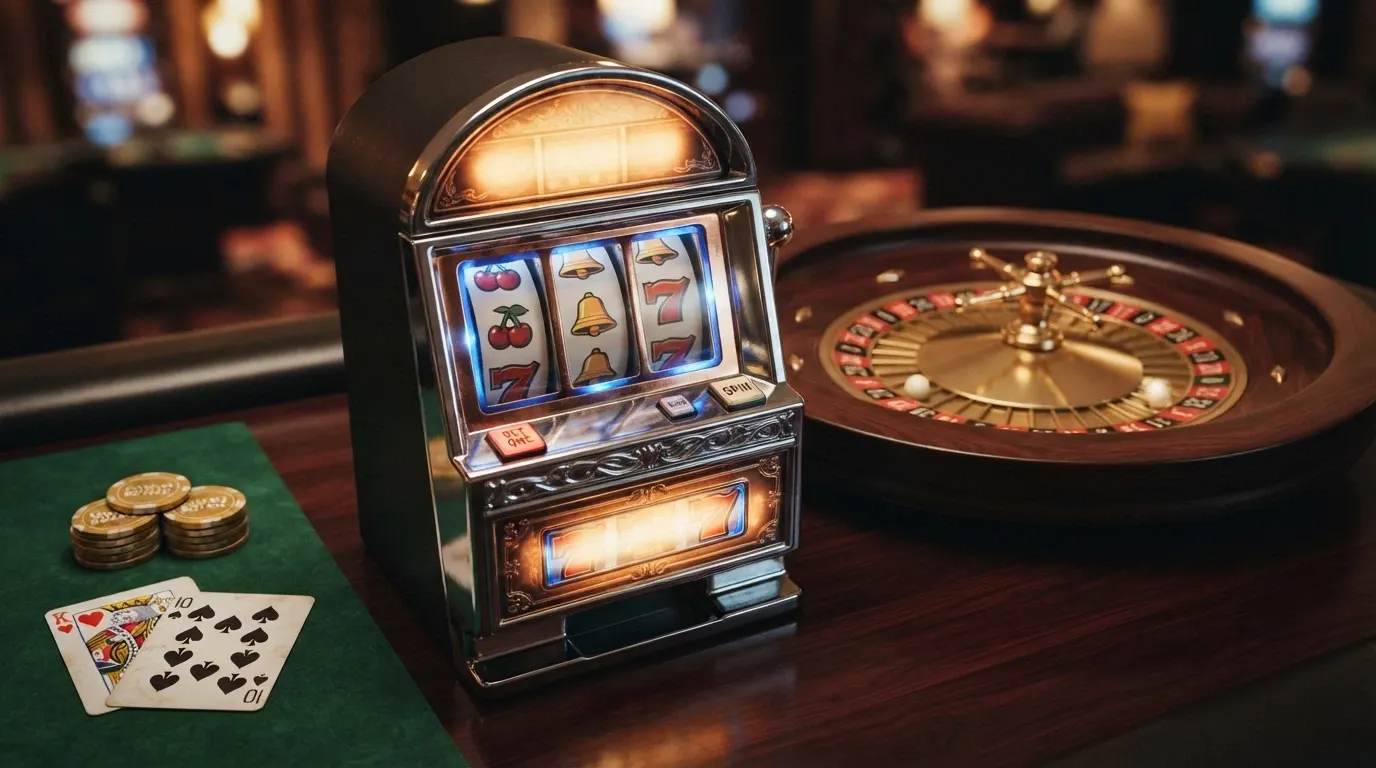 Interface de casino en ligne montrant une machine à sous, une table de roulette et un croupier en direct