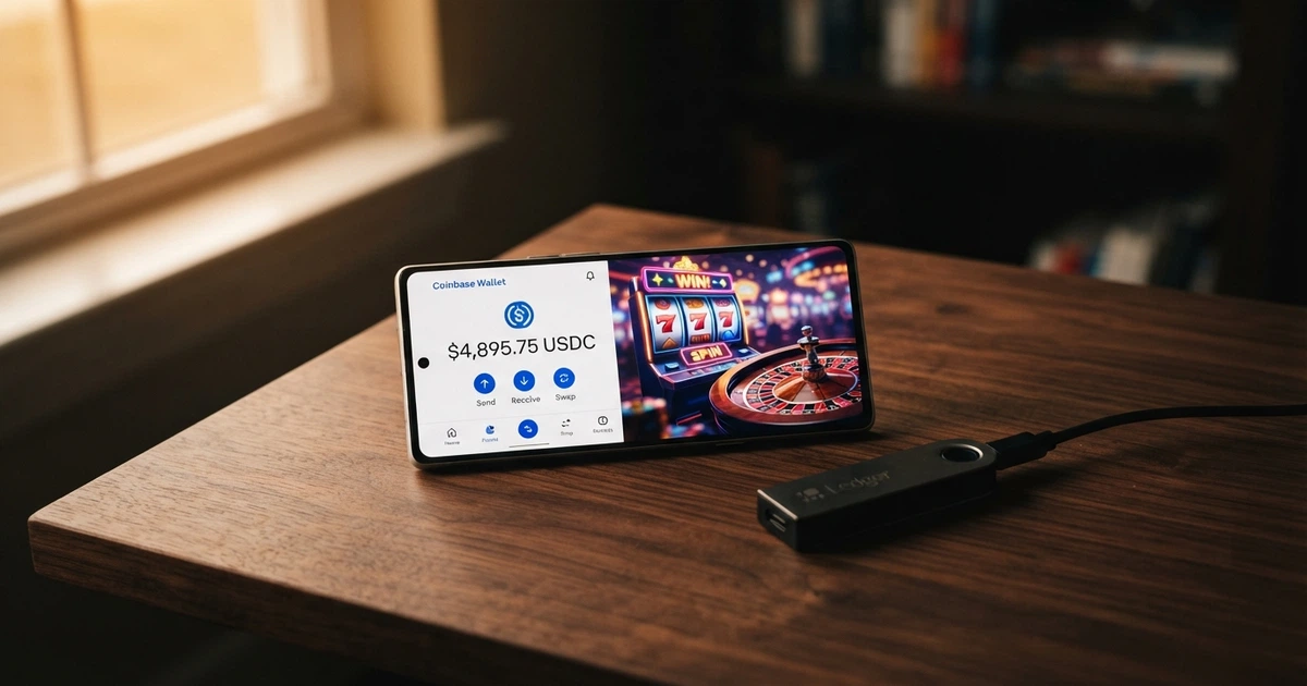 Un portefeuille crypto affichant un solde en USDC à côté de l'écran d'accueil d'un casino en ligne