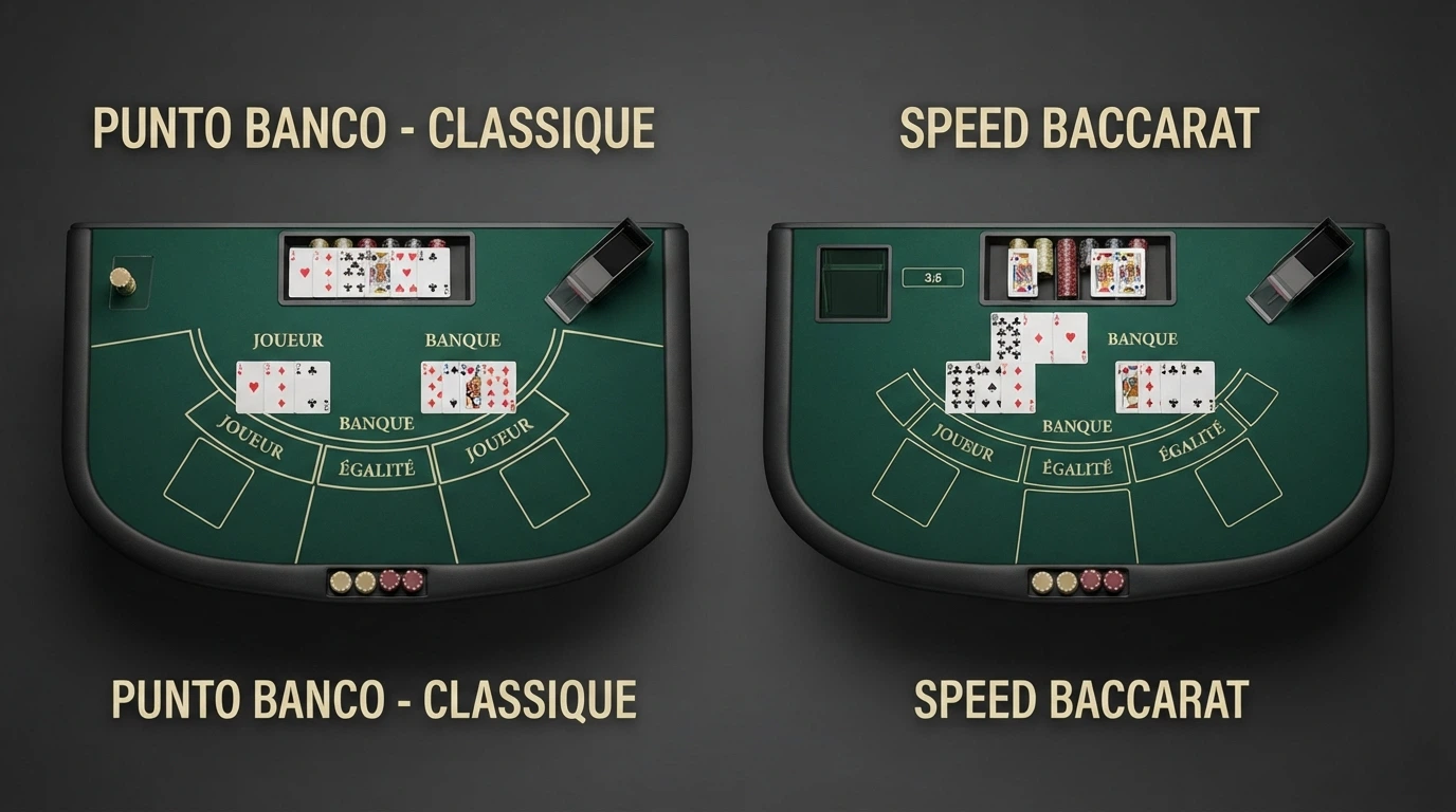 Une capture d'écran comparant deux variantes de baccarat, Punto Banco et Speed Baccarat, avec leurs interfaces distinctes