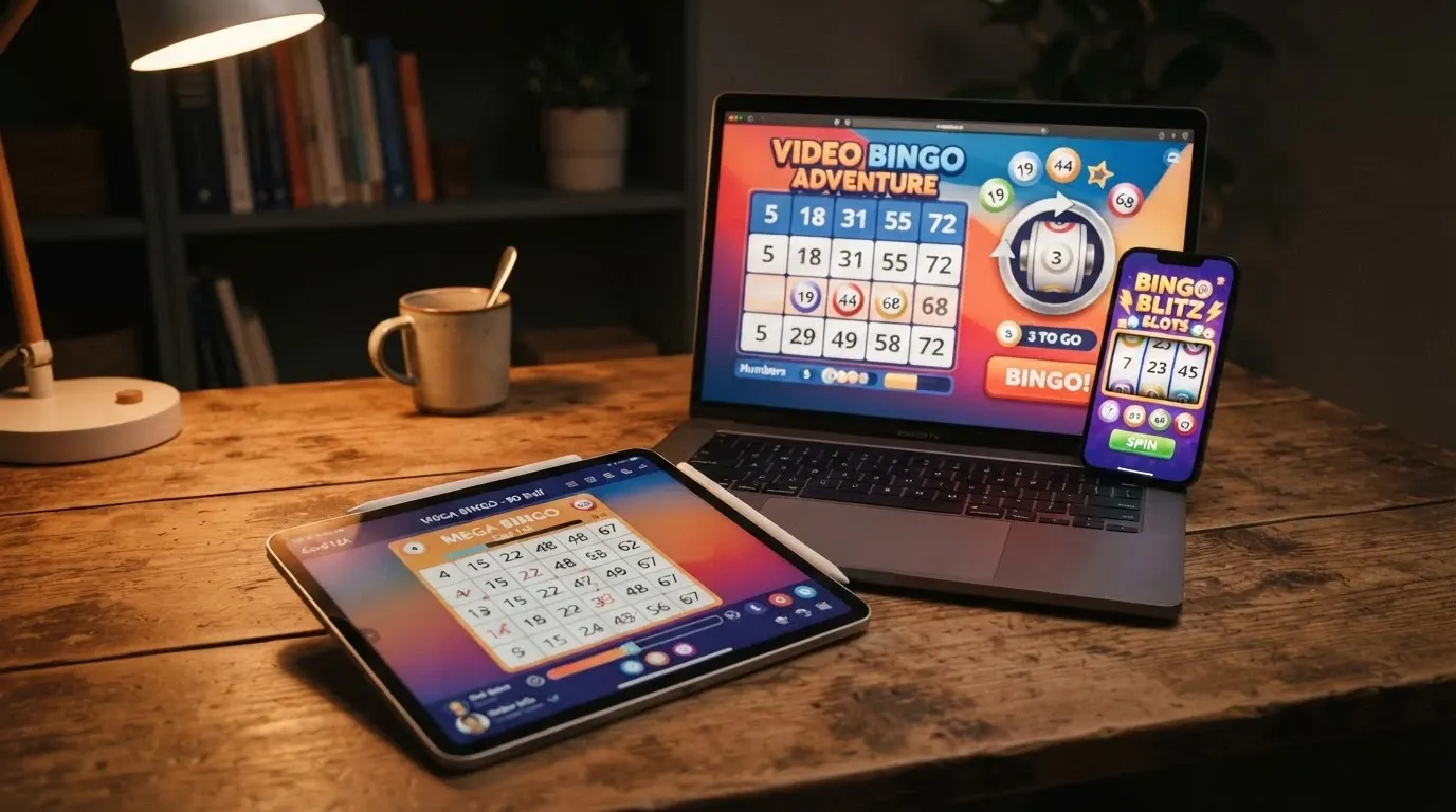 Plusieurs écrans superposés montrant une grille de bingo 90 boules, une interface de video bingo et le slot Bingo Mania de Pragmatic Play