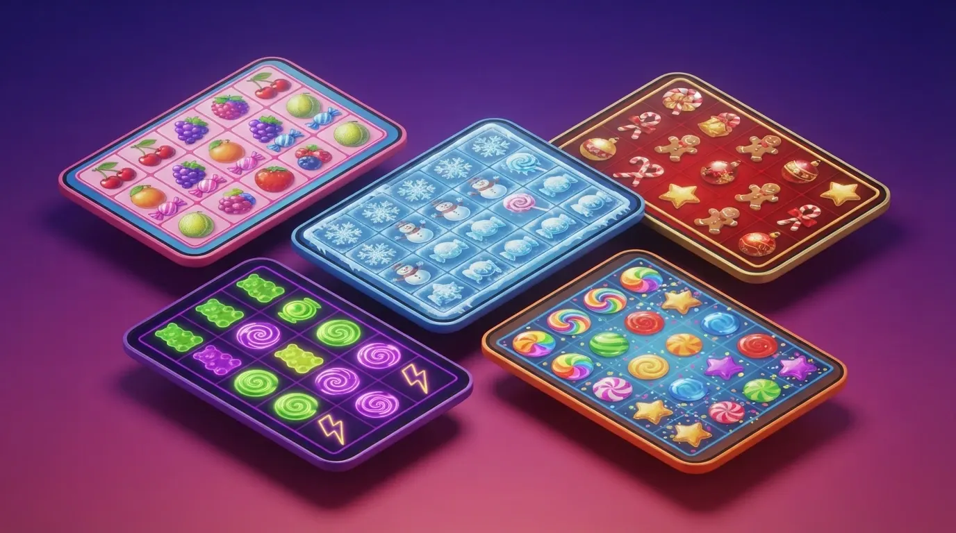 Les cinq déclinaisons de Sweet Bonanza par Pragmatic Play : l'original, 1000, 2500, Xmas et Candyland en mosaïque