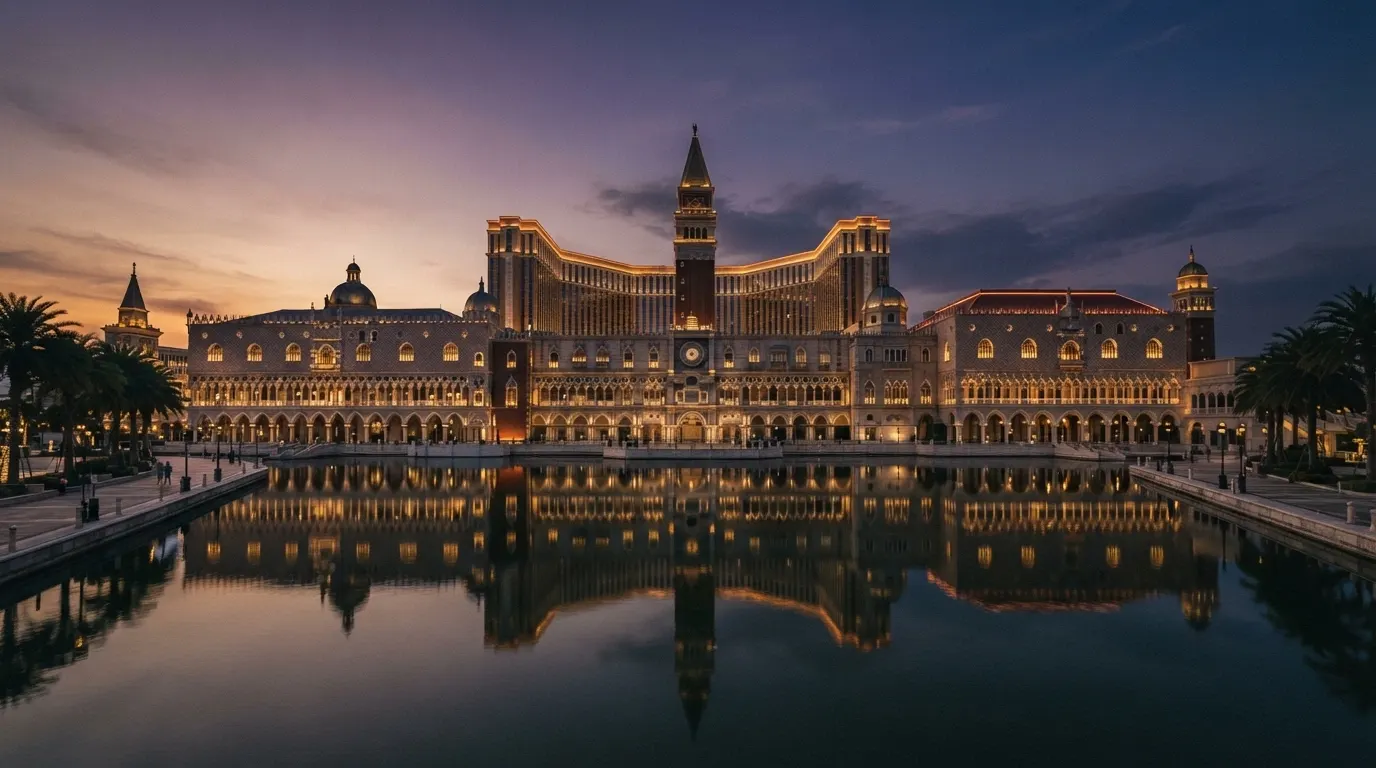 La façade monumentale du Venetian Macao illuminée au crépuscule, ses arches et son campanile reflétés dans les eaux du lagon artificiel