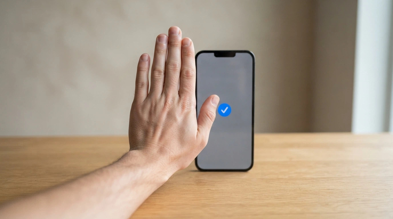 Une main devant un écran de téléphone, paume ouverte en signe d'arrêt