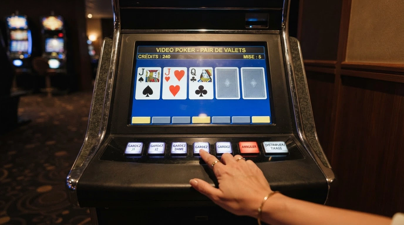Un écran de video poker affichant une main de Jacks or Better : cinq cartes visibles, les boutons Hold/Draw en bas de l'écran, l'interface colorée d'une machine de casino.