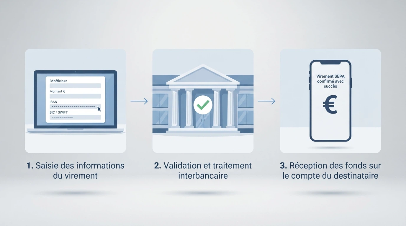 Schéma en trois étapes : saisie de l'IBAN du casino, validation bancaire, crédit du compte joueur